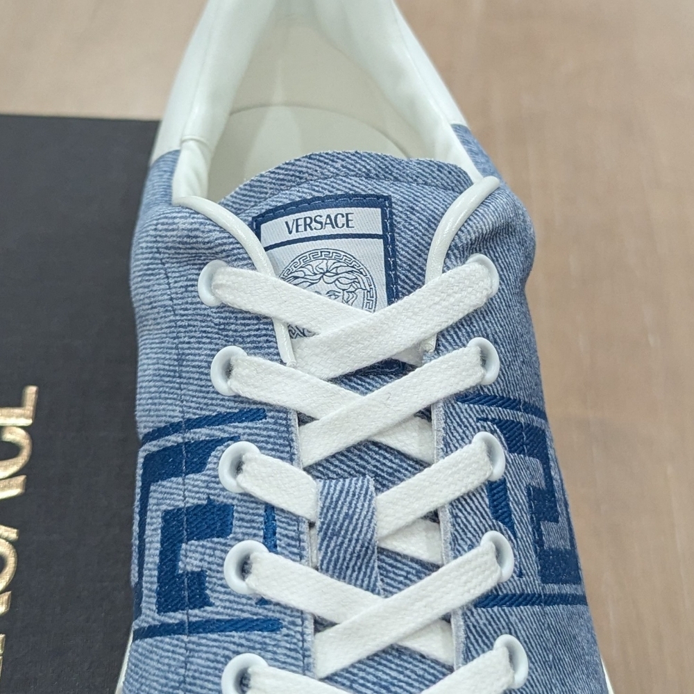 $925 VERSACE Odissea Greca Denim Look Suede Low-Top Sneakers Light Blue 45 US 12 - Picture 3 of 10